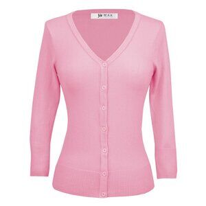 Ye Mak V-Neck Knit Cardigan Sweater Button Down Retro Vintage Lightweight L pink